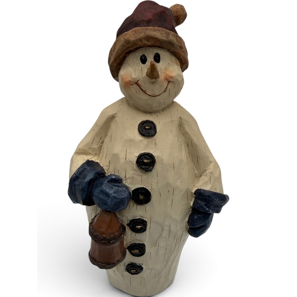 Vintage Rustic Carved Resin Snowman Figurine Lantern Christmas Decor Folk Art 6"